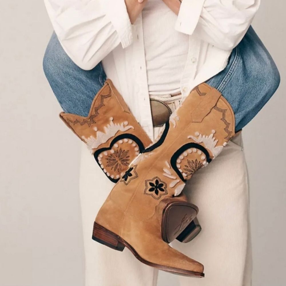 Free People Cowboy Boots Roundhouse Stitch Knee High Tan Combo 39 / 8.5